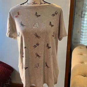 Karen Scott shirt Gray XL Shirt With Butterflies And Dragon Fly Embellishments